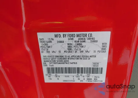 2007 Ford F-150 Stx/Xlt from USA, damaged, VIN 1FTRF04W97KC14763